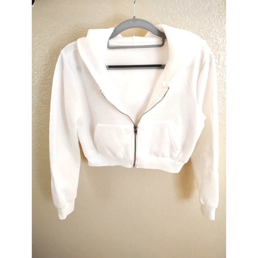 ✨‎ White Cropped Zip Up Hoodie Athleisure Active Streetwear Fleece Loungewear
